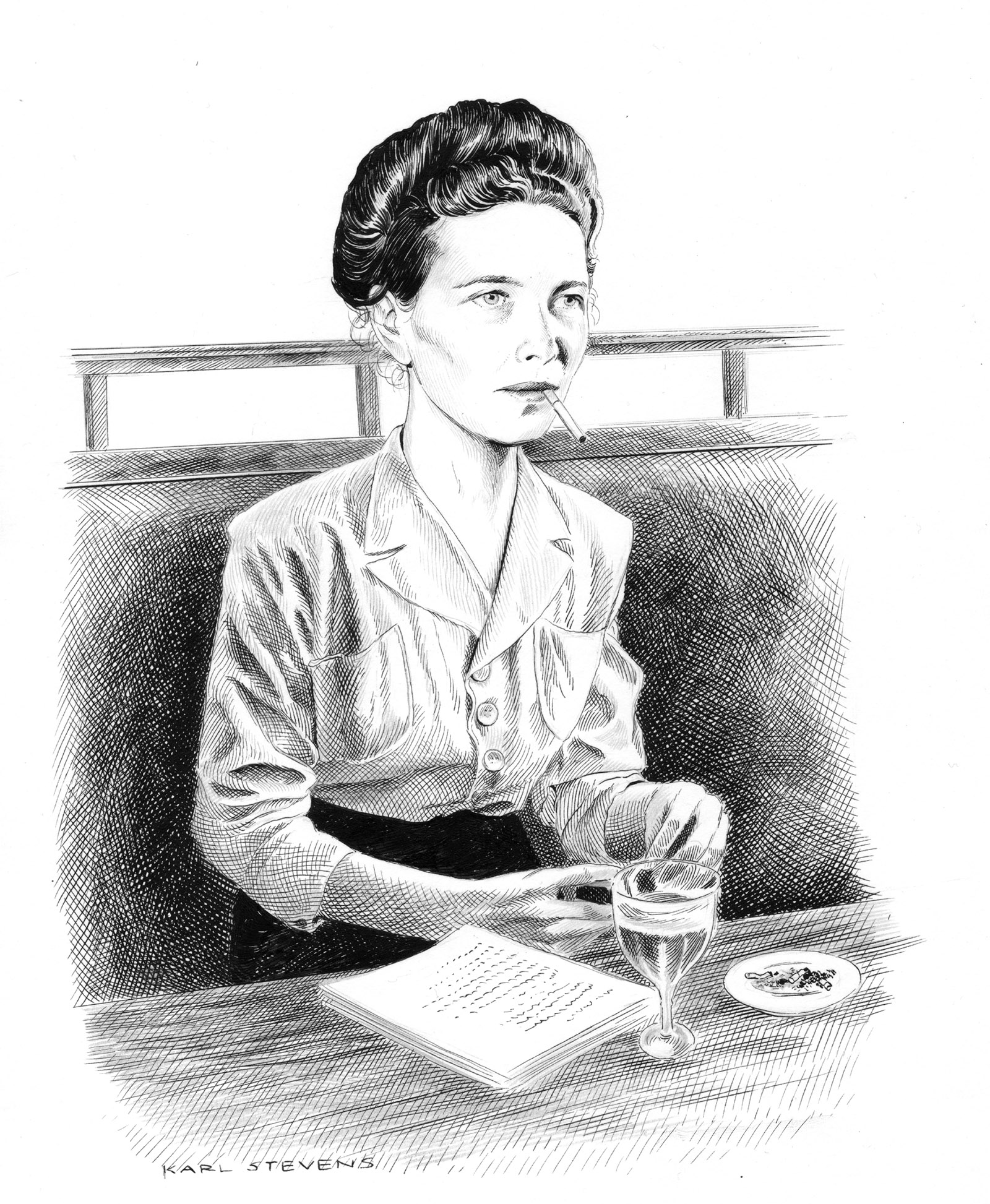 Simone de Beauvoir; drawing by Karl Stevens