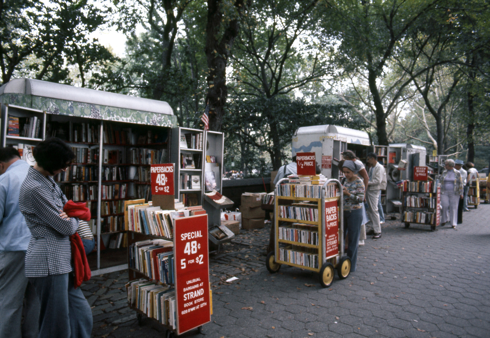 Mobile book carts in Central Park from the Strand Bookstore, New York City, 1976