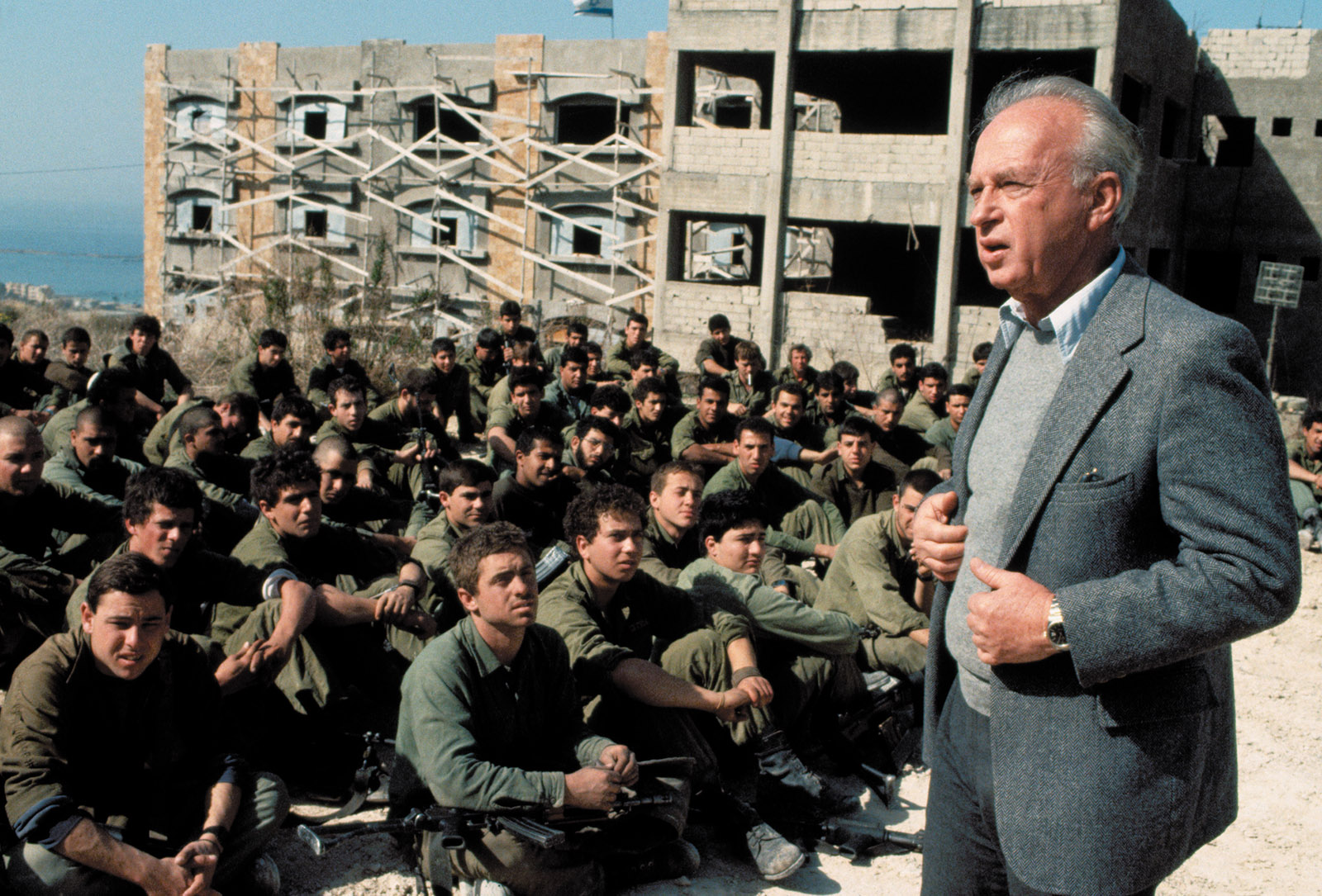 Yitzhak Rabin addressing Israeli troops, Sidon, Lebanon, 1985