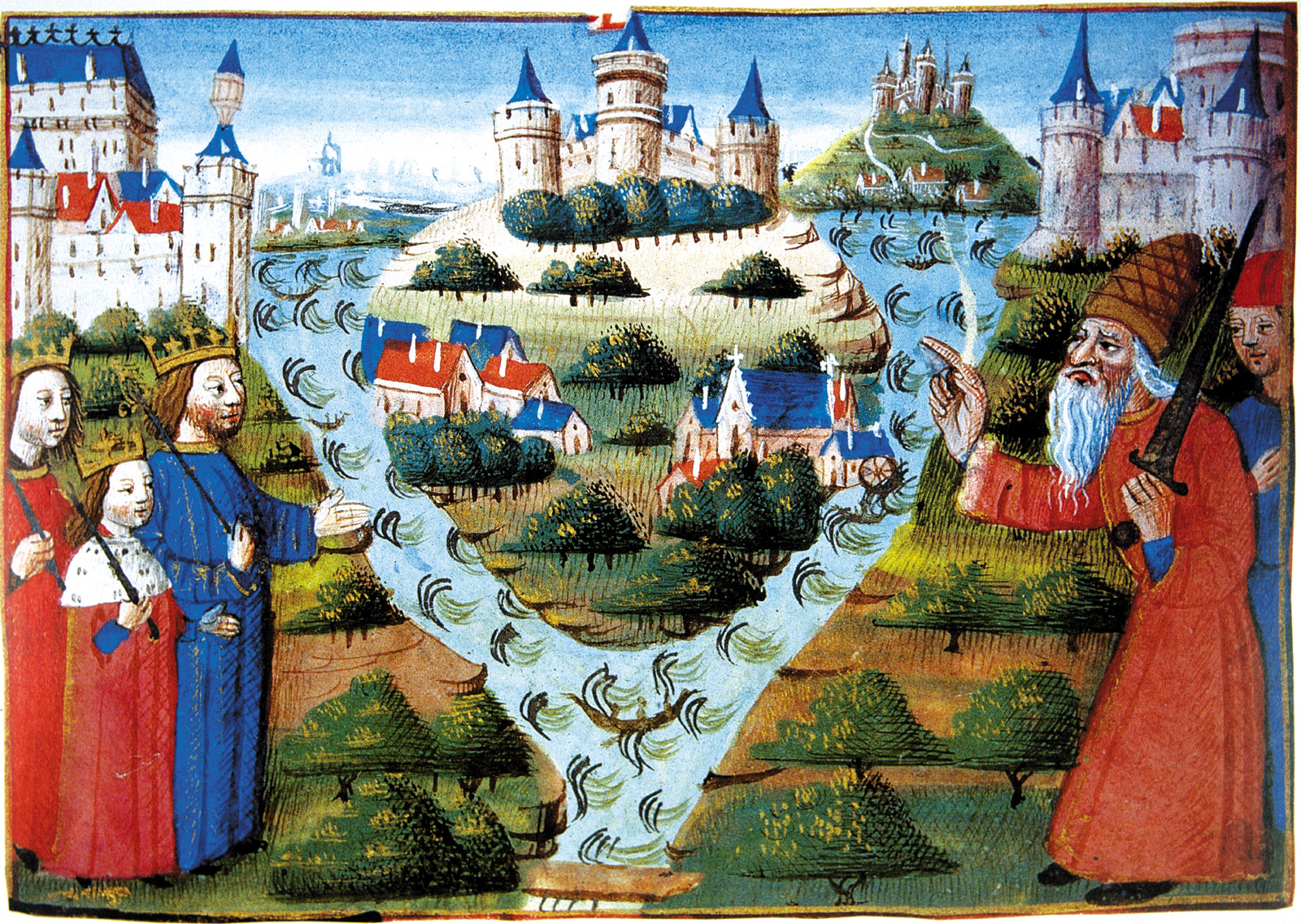 Louis the Pious (right) blessing the division of the Carolingian Empire in 843 into West Francia, Lotharingia, and East Francia; from the Chroniques des rois de France, fifteenth century