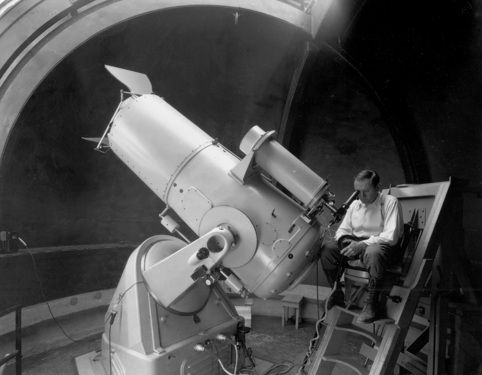 Fritz Zwicky at the Schmidt telescope at Palomar Observatory, California, circa 1936
