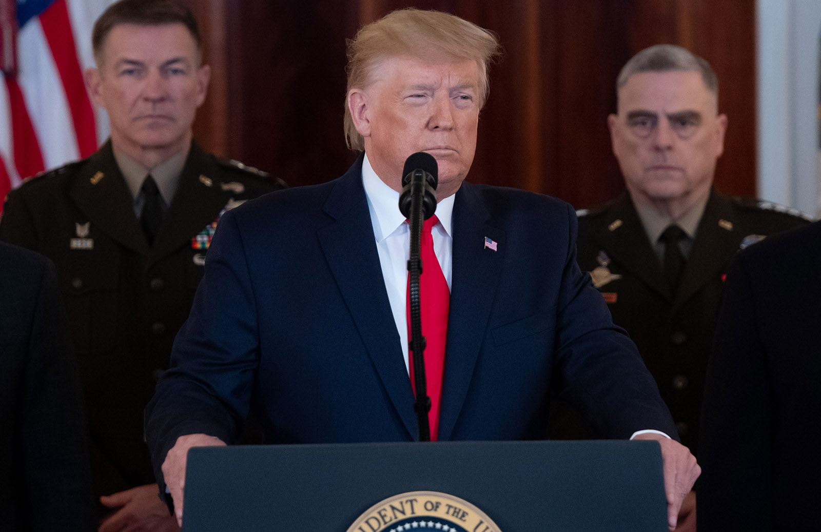 President Donald Trump speaking about the situation with Iran at the White House, Washington, D.C., January 8, 2020