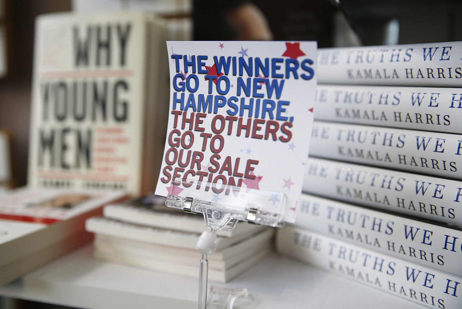 A book stall sign at a store in Des Moines, Iowa, the day of the Iowa caucuses, February 3, 2020