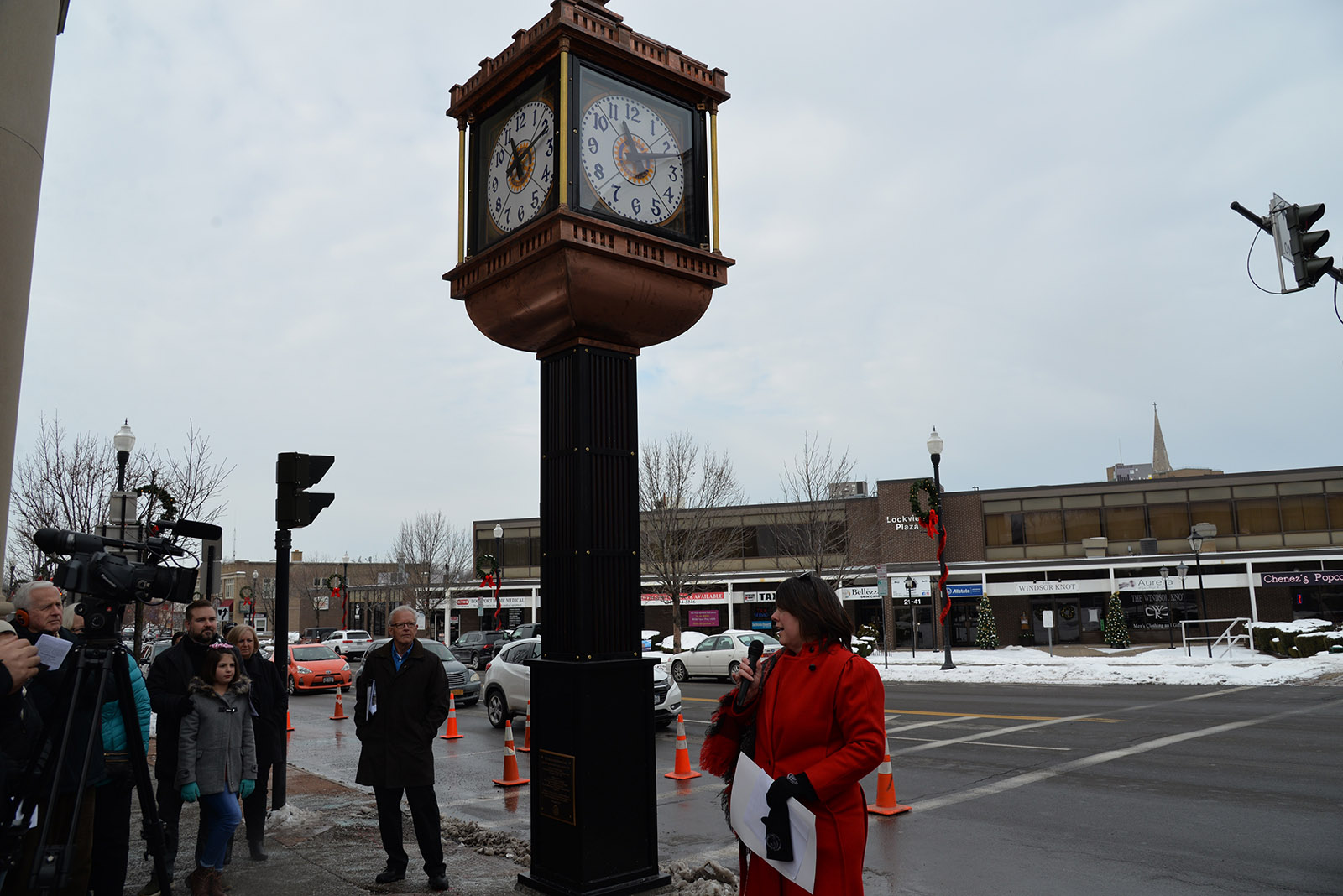 Mayor dedicating restored clock, Main Street, Lockport