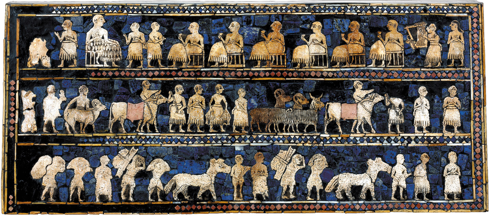 A panel from the Sumerian Standard of Ur depicting fish, animals, and goods being brought in procession to a banquet, circa 2600 BC