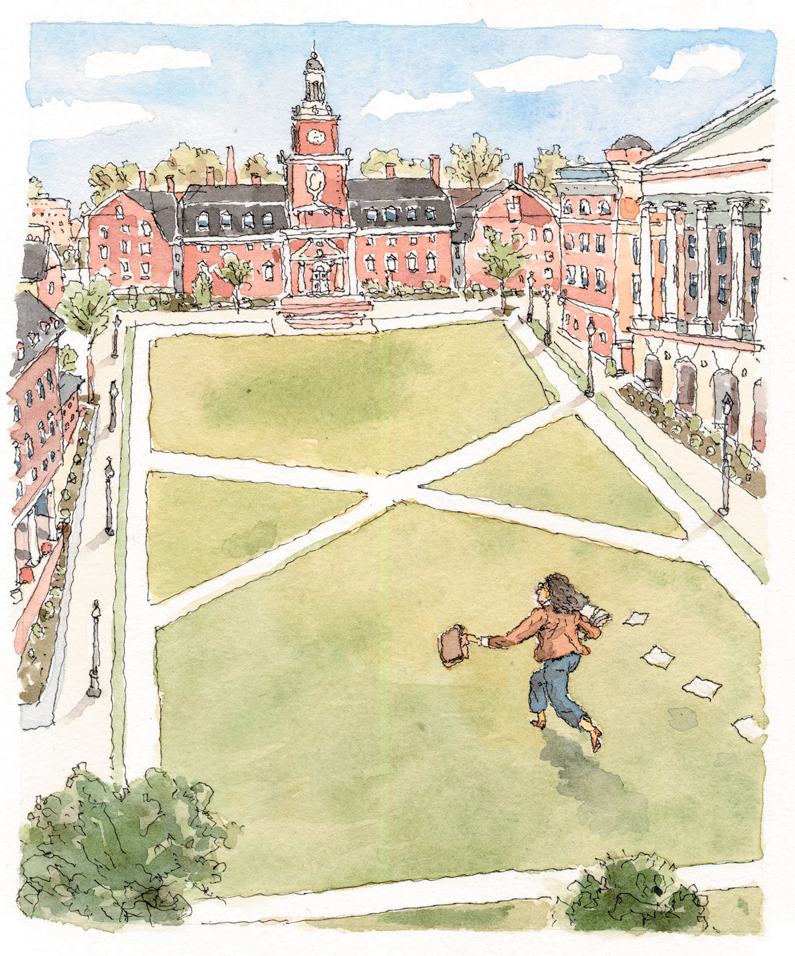 Drawing of a professor running on a college campus by John Cuneo