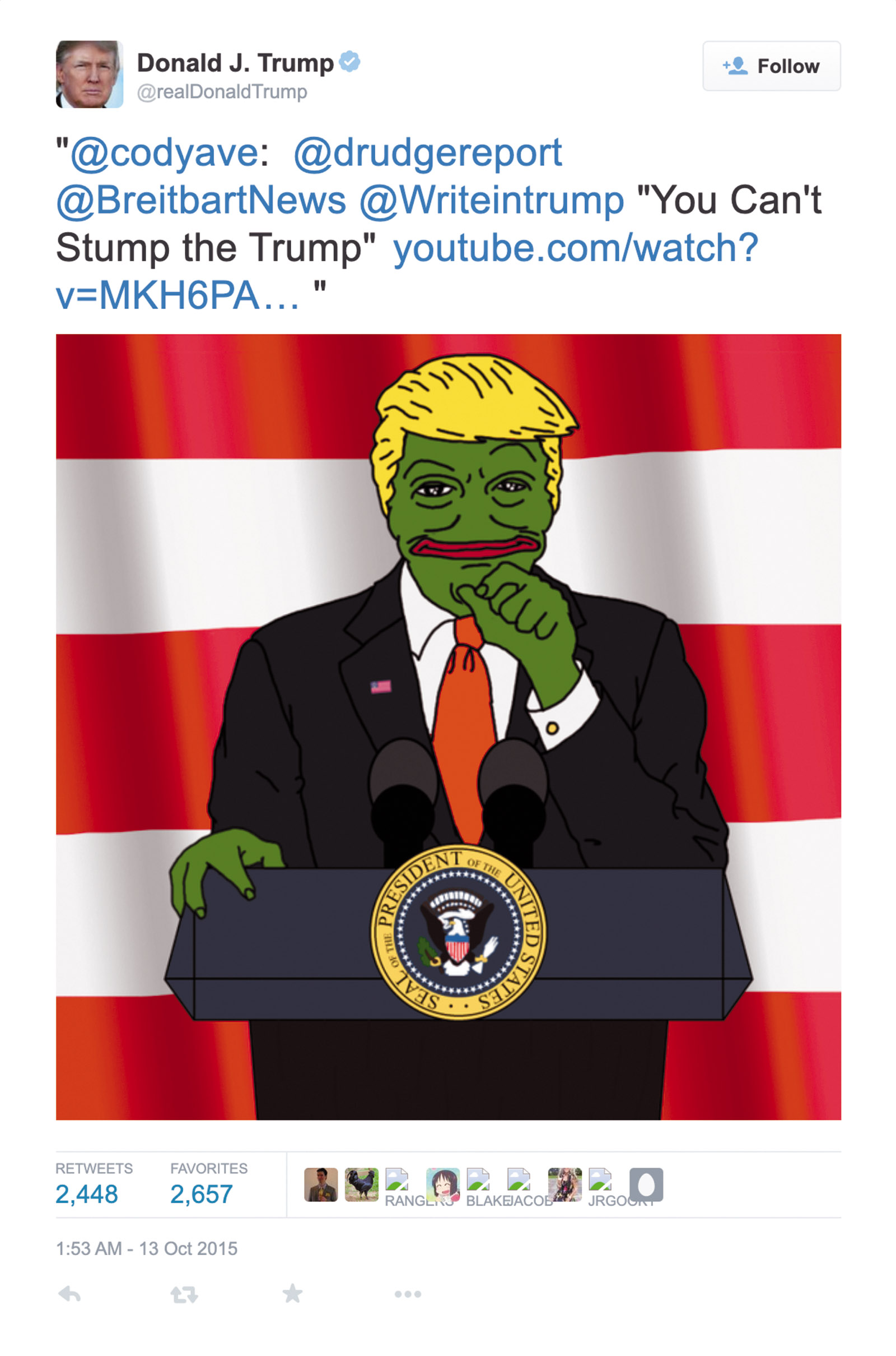 A tweet by Donald Trump featuring an image of himself as Pepe the Frog, a symbol used by the far right, October 13, 2015