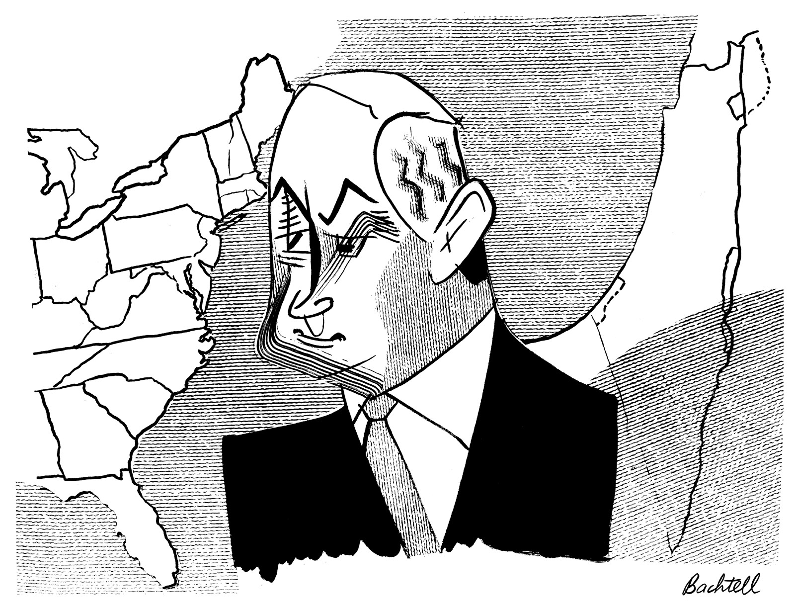 Benjamin Netanyahu; drawing by Tom Bachtell