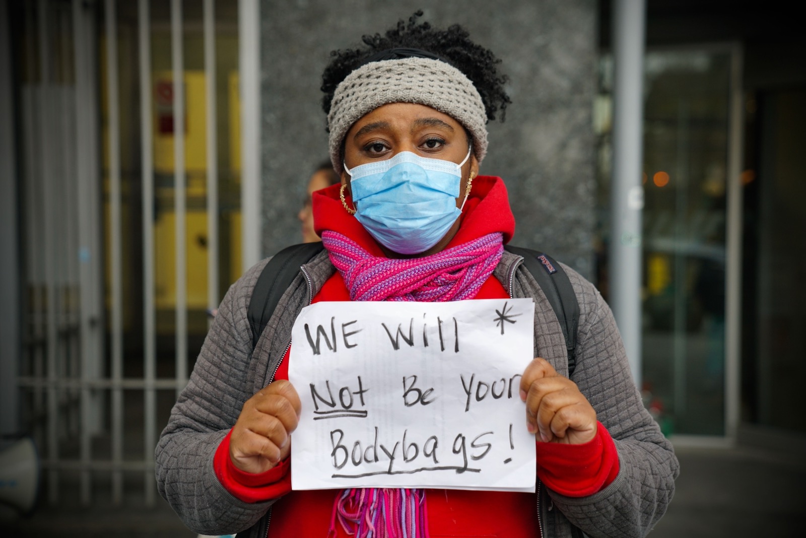 A protester demanding safer working conditions and better protective equipment at a “Covid-19 Frontline Health Worker Action” event, New York City, April 6, 2020