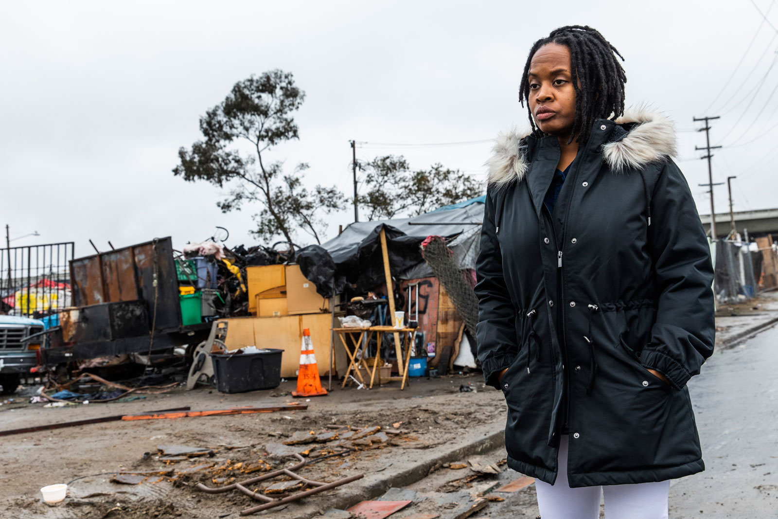 Carroll Fife, director of the Oakland chapter of the Alliance of Californians for Community Empowerment and a representative of Moms 4 Housing, in front of a homeless encampment in Oakland, California, January 28, 2020