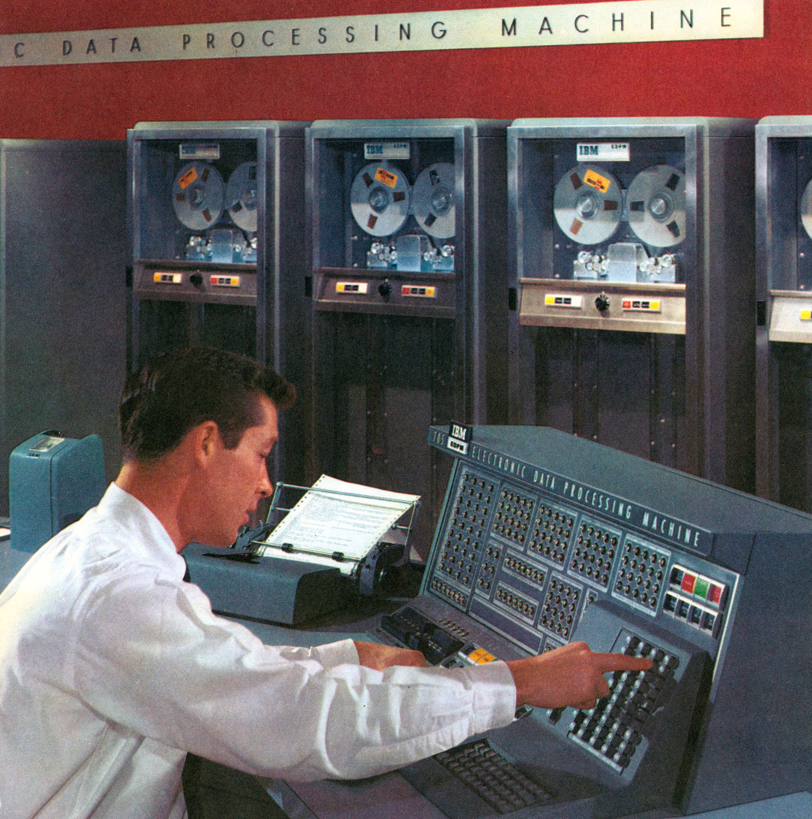 An illustration showing a computer technician operating an early data processing machine, 1950s