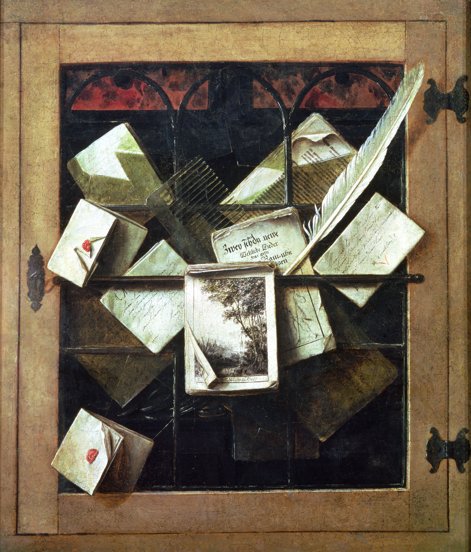 Trompe l'oeil with letters and notebooks, by Cornelis Norbertus Gysbrechts, 1665