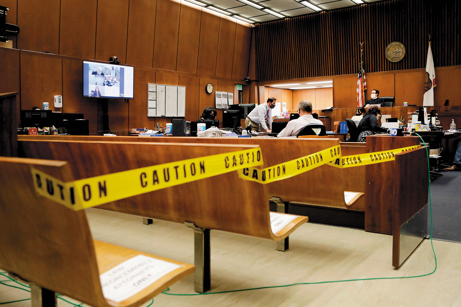 A socially distanced courtroom in Los Angeles