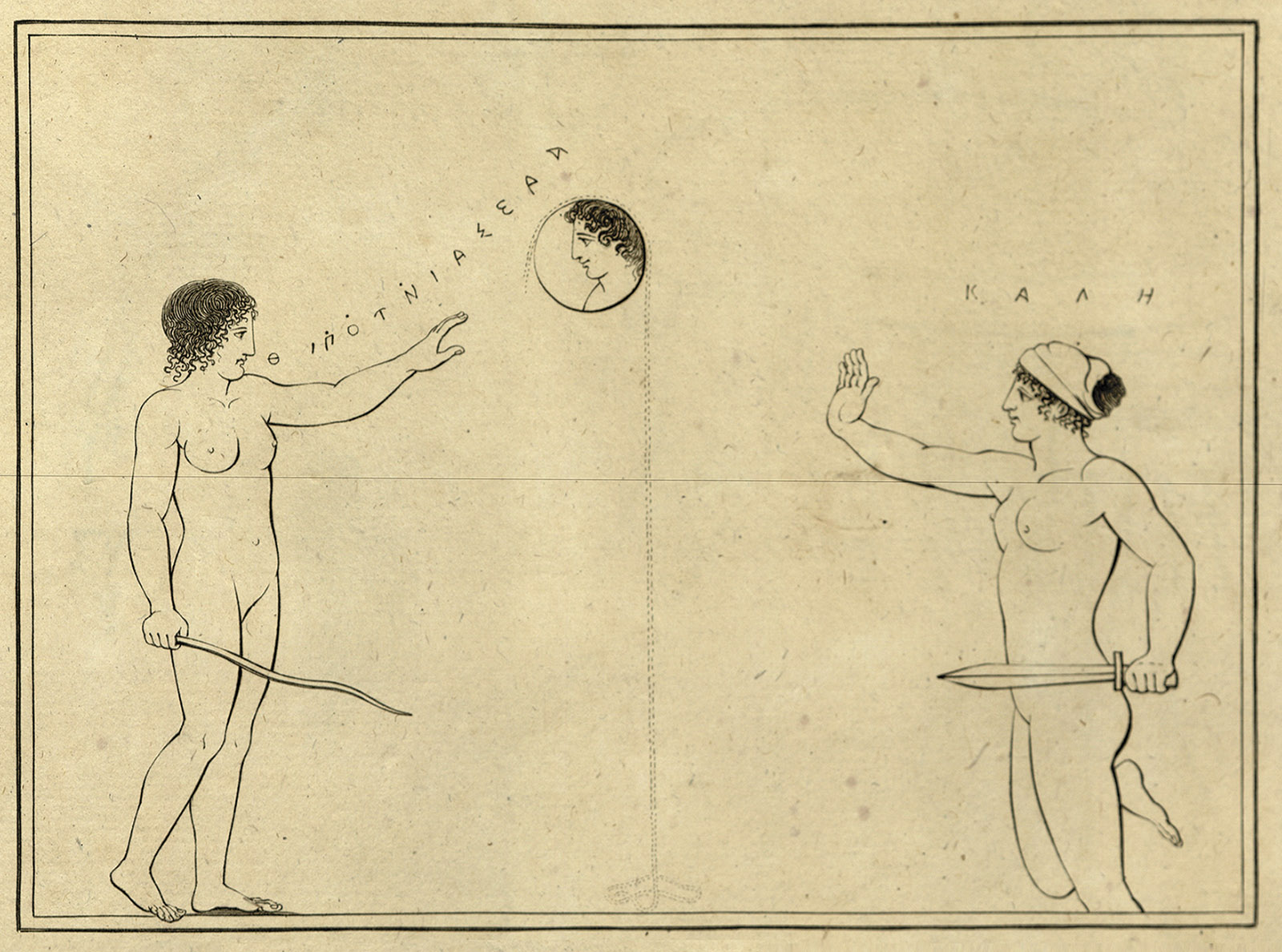 A line drawing of two women drawing down the moon