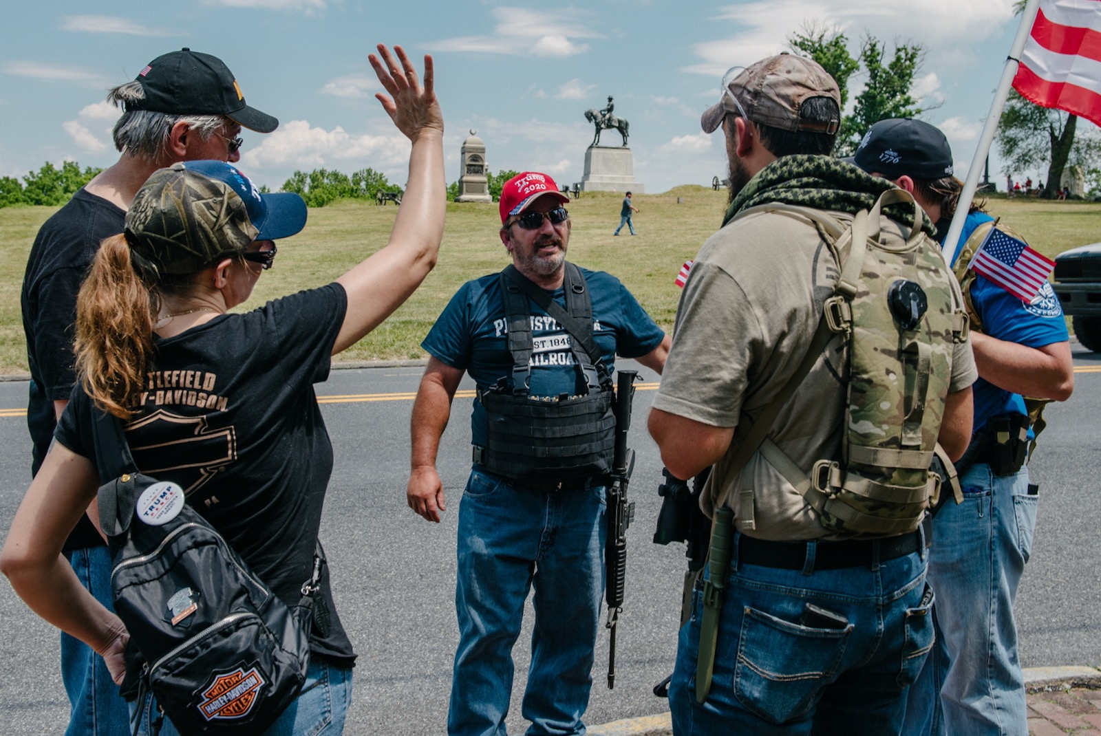 White nationalist militia members drawn to the Gettysburg National Military Park by a hoax that an Antifa group would be burning of American flags there, Pennsylvania on July 4, 2020