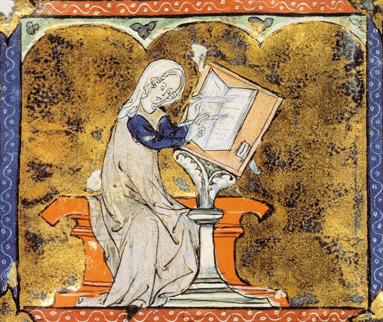 The writer Marie de France, who lived in England in the late twelfth and early thirteenth centuries, pictured in a collection of poems in old French, from an illuminated manuscript
