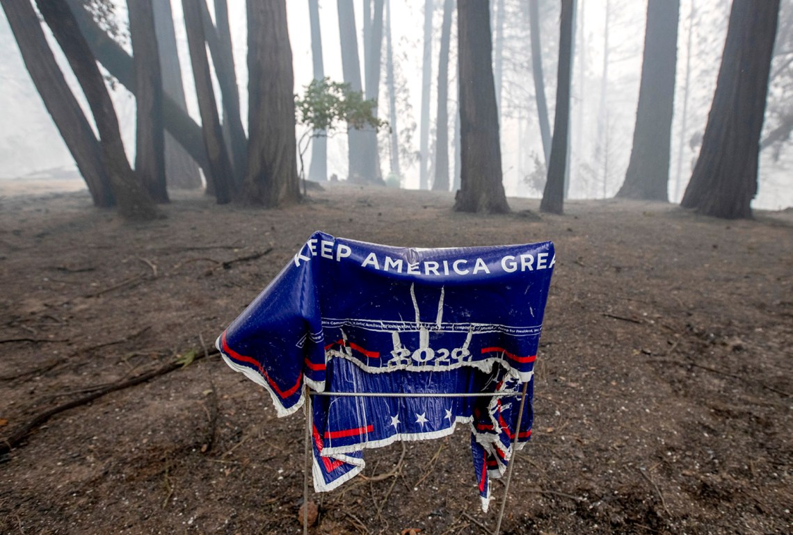 A melted Trump/Pence campaign sign after the Bear Fire, Feather Falls, California