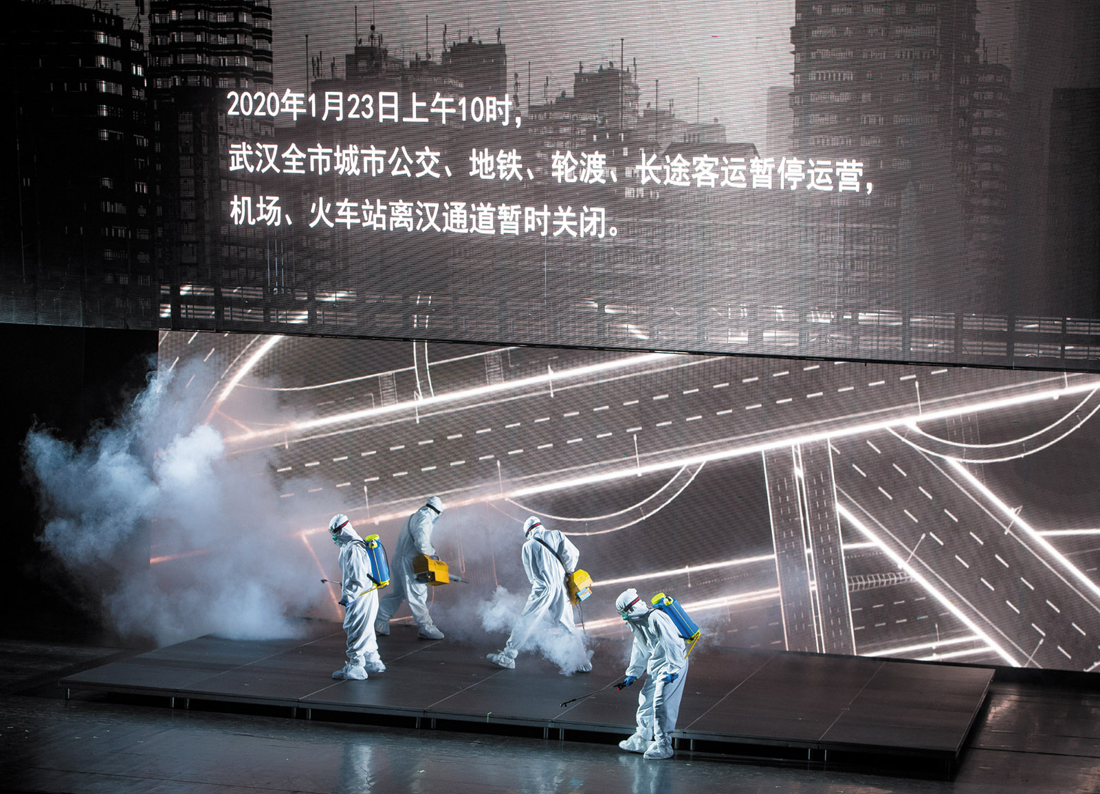 Actors from the People’s Art Theater of Wuhan performing in a drama about medical staff fighting Covid-19 in Wuhan, September 2020
