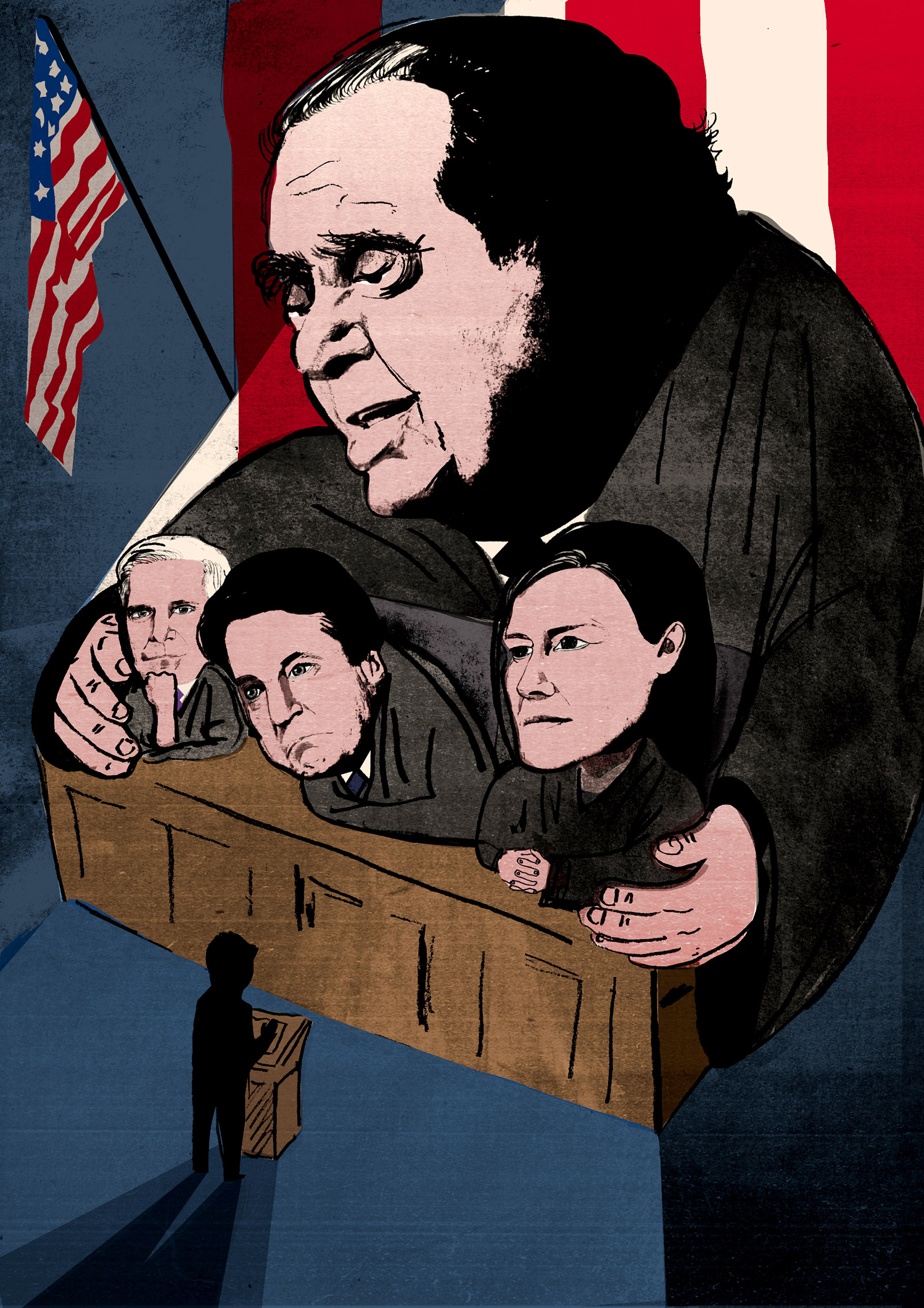 Neil Gorsuch, Brett Kavanaugh, and Amy Coney Barrett with the late Justice Antonin Scalia; illustration by Ellie Foreman-Peck