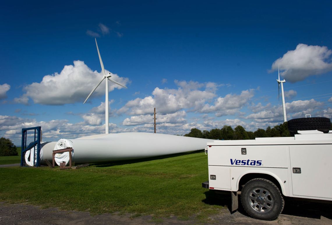 A spare turbine blade on the Maple Ridge Wind Farm in upstate New York