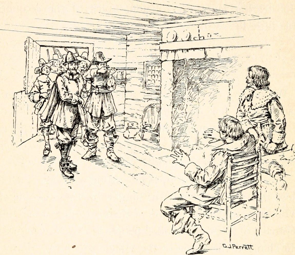 Drawing of Thomas Morton of Merrymount being arrested by Myles Standish of the Plymouth Colony, 1628