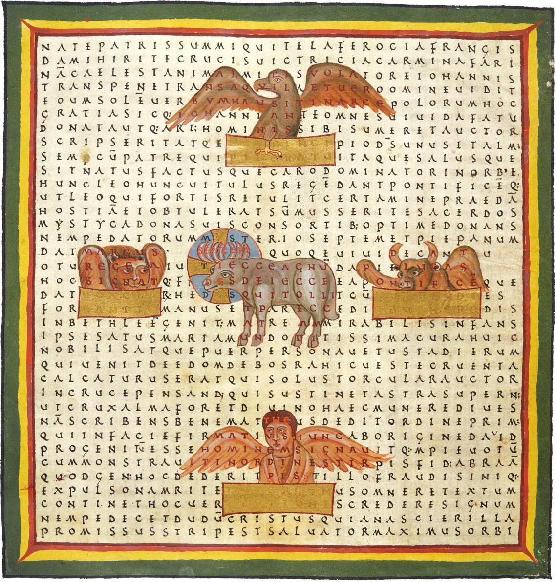 grid poem by Hrabanus Maurus showing the Evangelists and the Lamb of God
