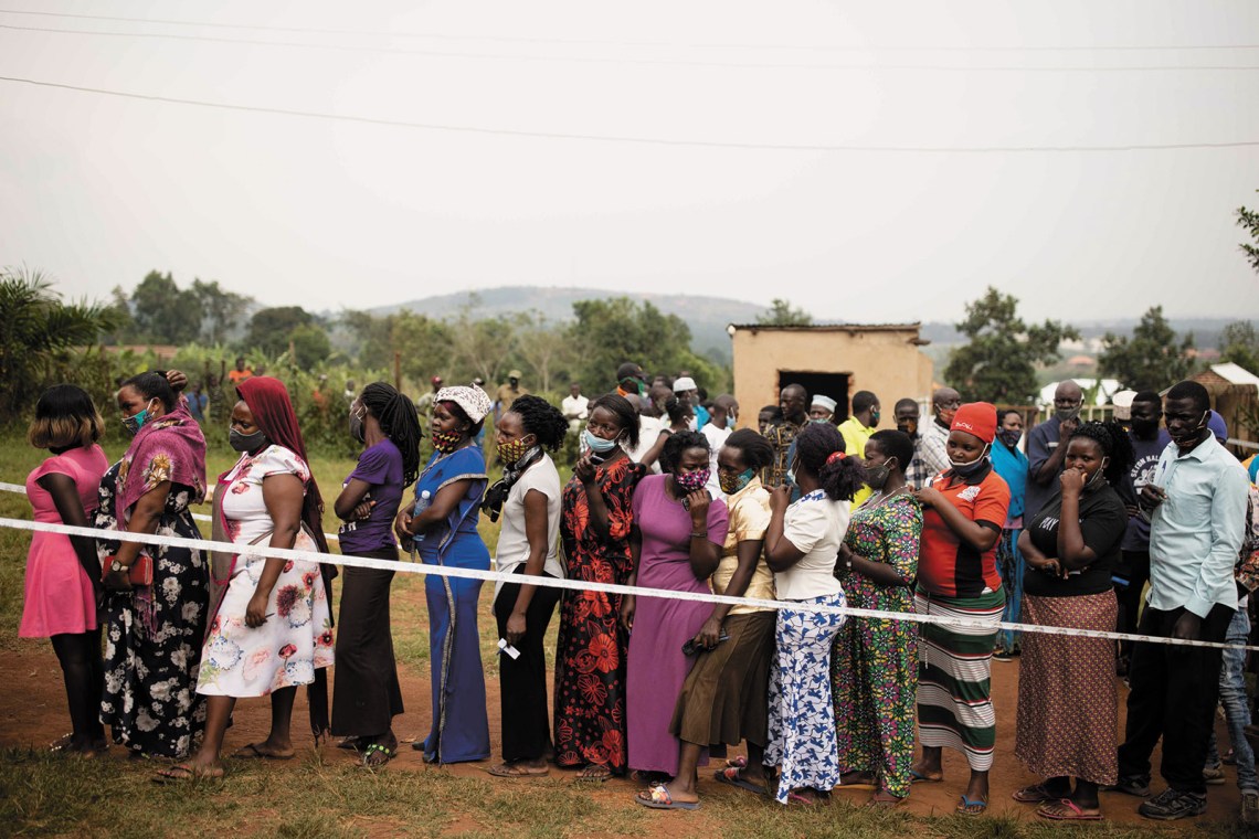 Voters in line at a polling station during the Ugandan presidential election