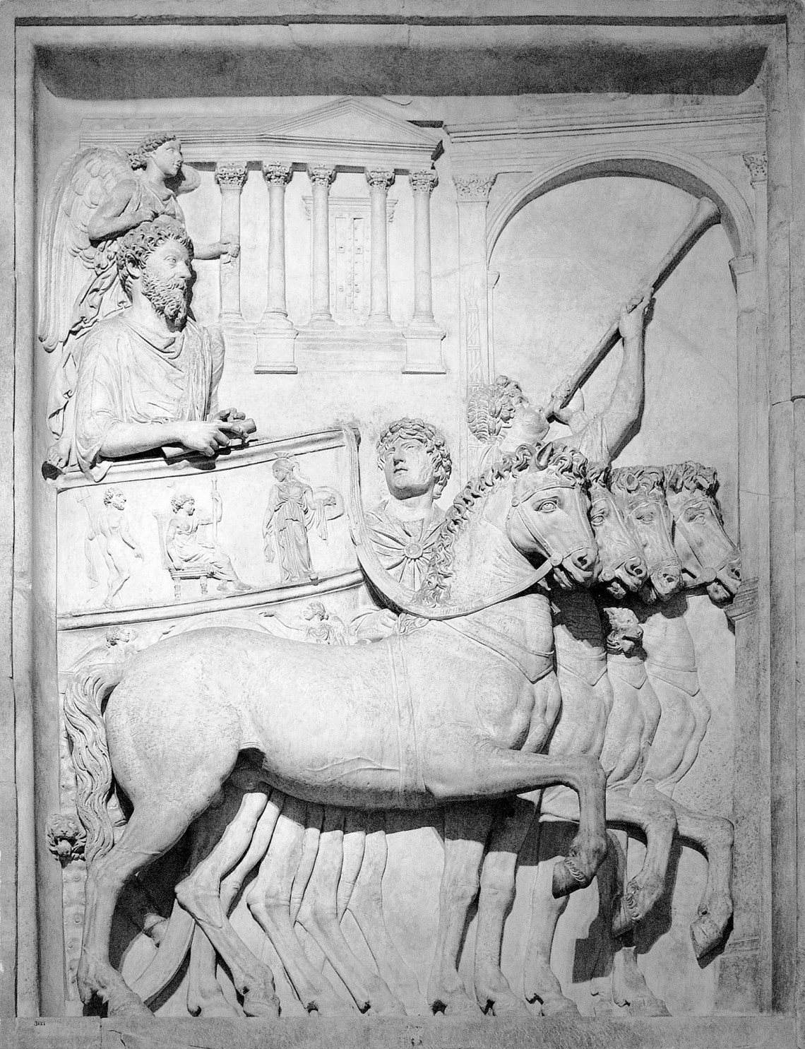 Marcus Aurelius in his chariot; bas-relief from a triumphal arch in the Roman ­Forum