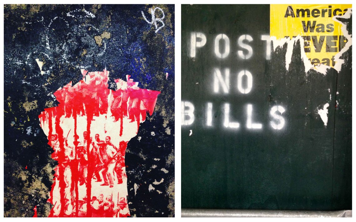 Two peeling posters, the left showing a crowd in red ink, the right a peeling sign that said 