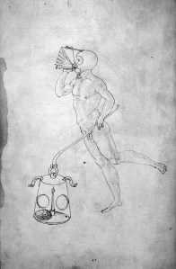 Drawing of a diver with bellows for breathing and a lantern with a sponge and lit candle