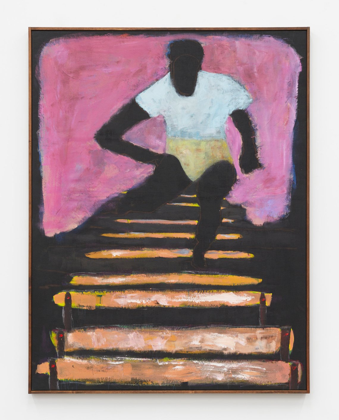 A black man jumping over hurdles with a pink background