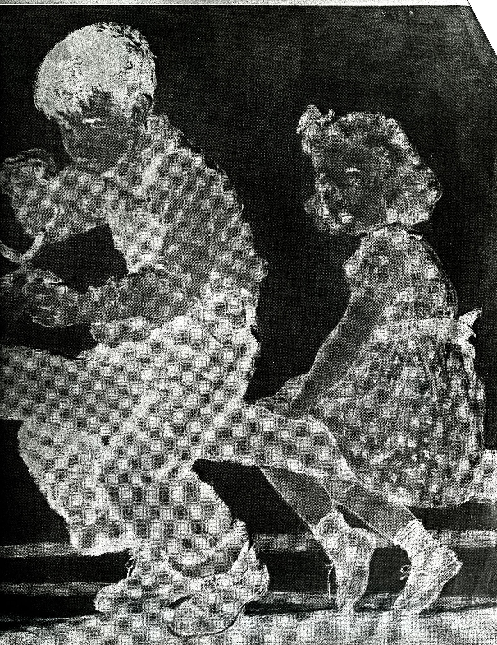black and white negative of illustration of two children sitting on a branch or beam—a little boy and a little girl in a dress