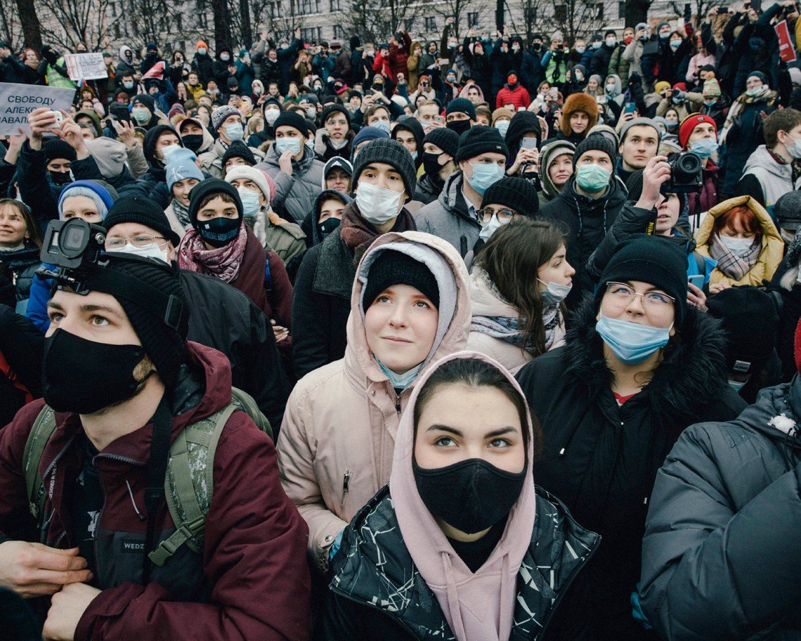 Protesters at a demonstration in support of Russian opposition leader Alexei Navalny