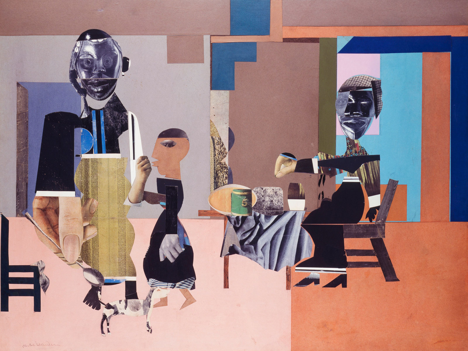 A collage showing a person at a table and two standing, in peach, pink, blues, and purples