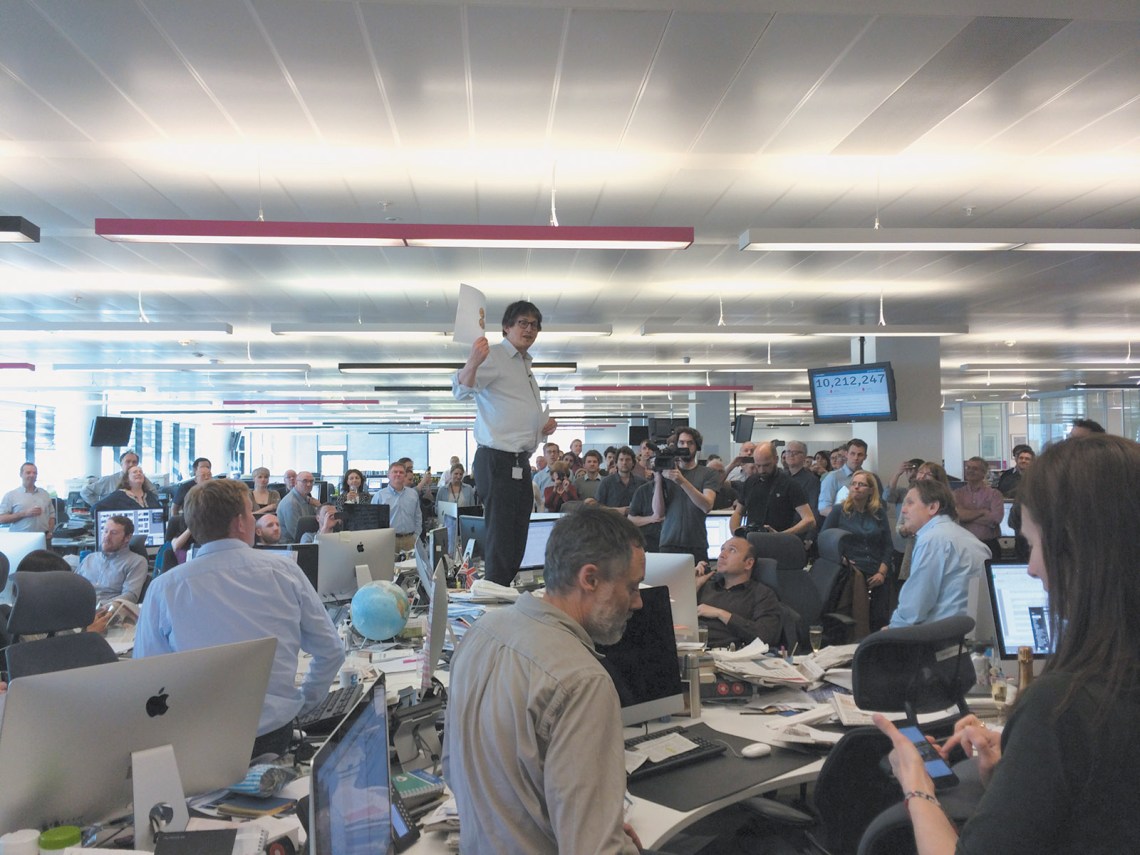 Alan Rusbridger, then editor of The Guardian, addressing the newsroom after the paper won the Pulitzer Prize for its reporting on the documents leaked by Edward Snowden