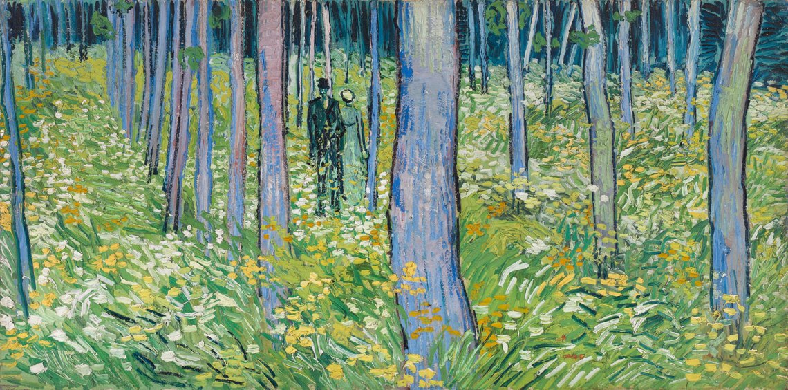 A man and a woman standing in a grassy forest