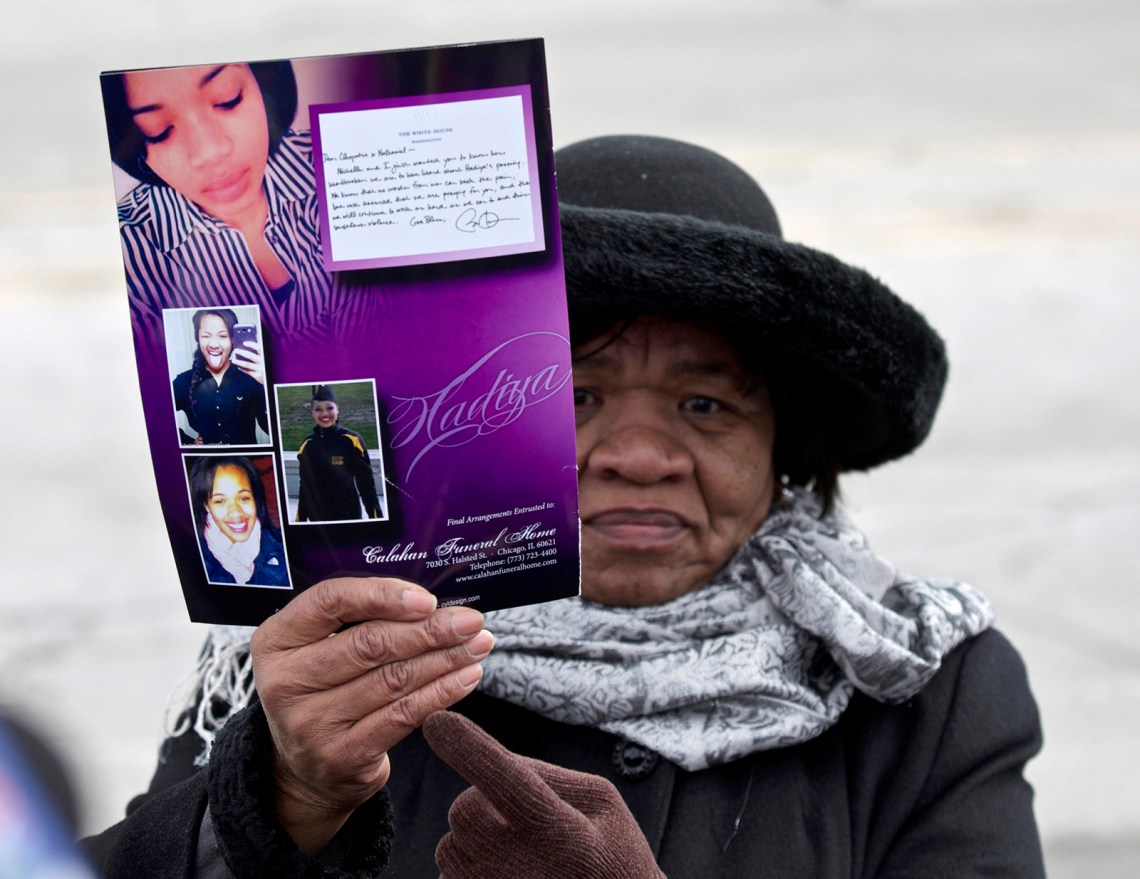 A mourner at the funeral of Hadiya Pendleton, a fifteen-year-old who was fatally shot in a Chicago park