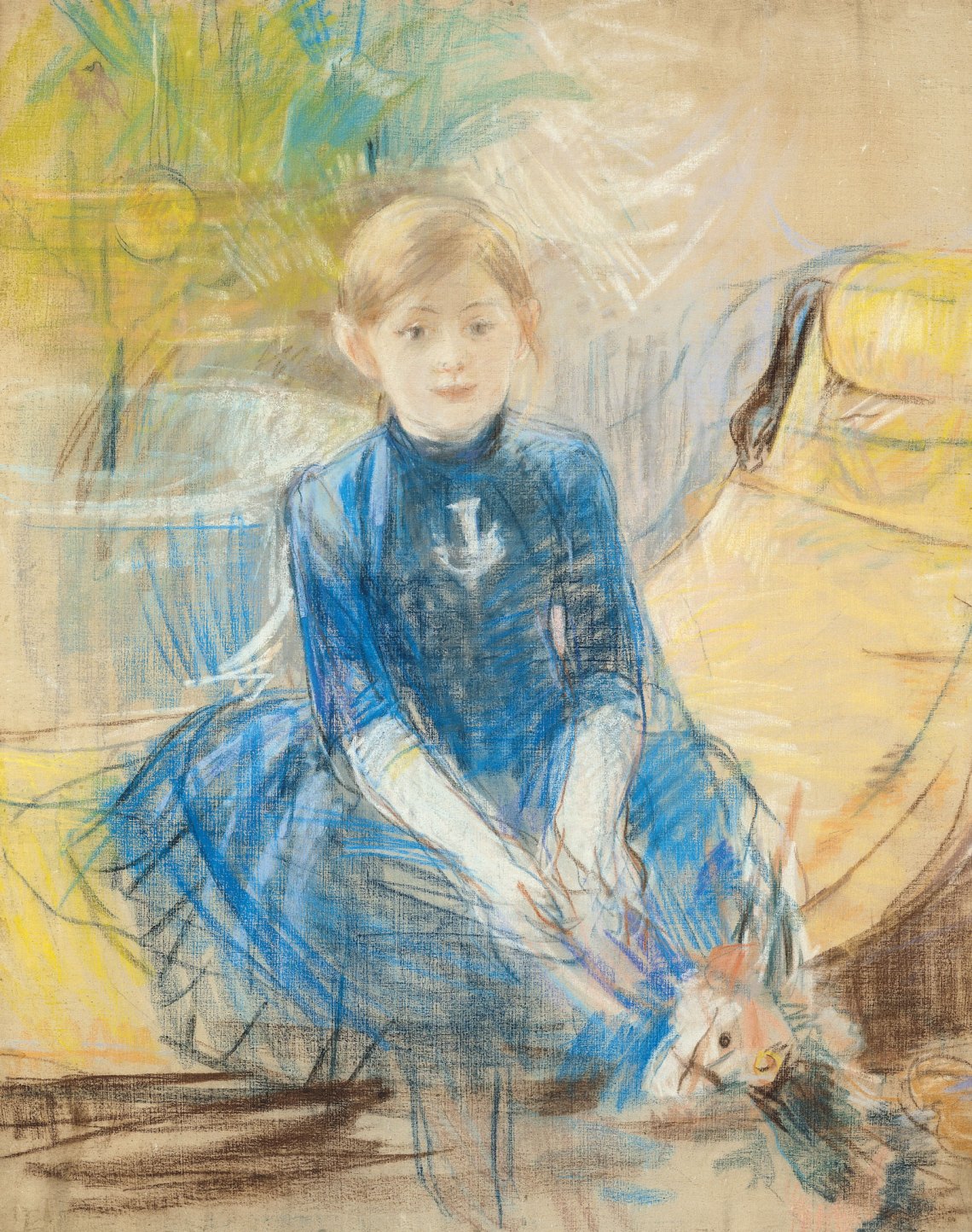 Painting of a girl in a blue dress sitting on a yellow chair