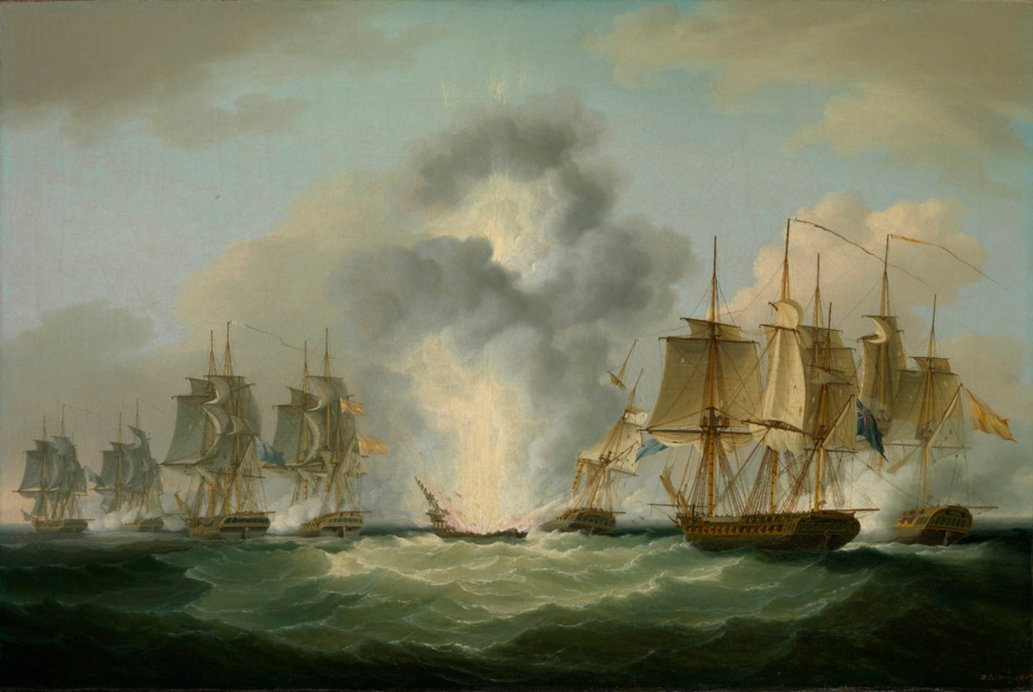 Painting of four British frigates capturing Spanish treasure ships off Cape Santa Maria, Portugal, 1804