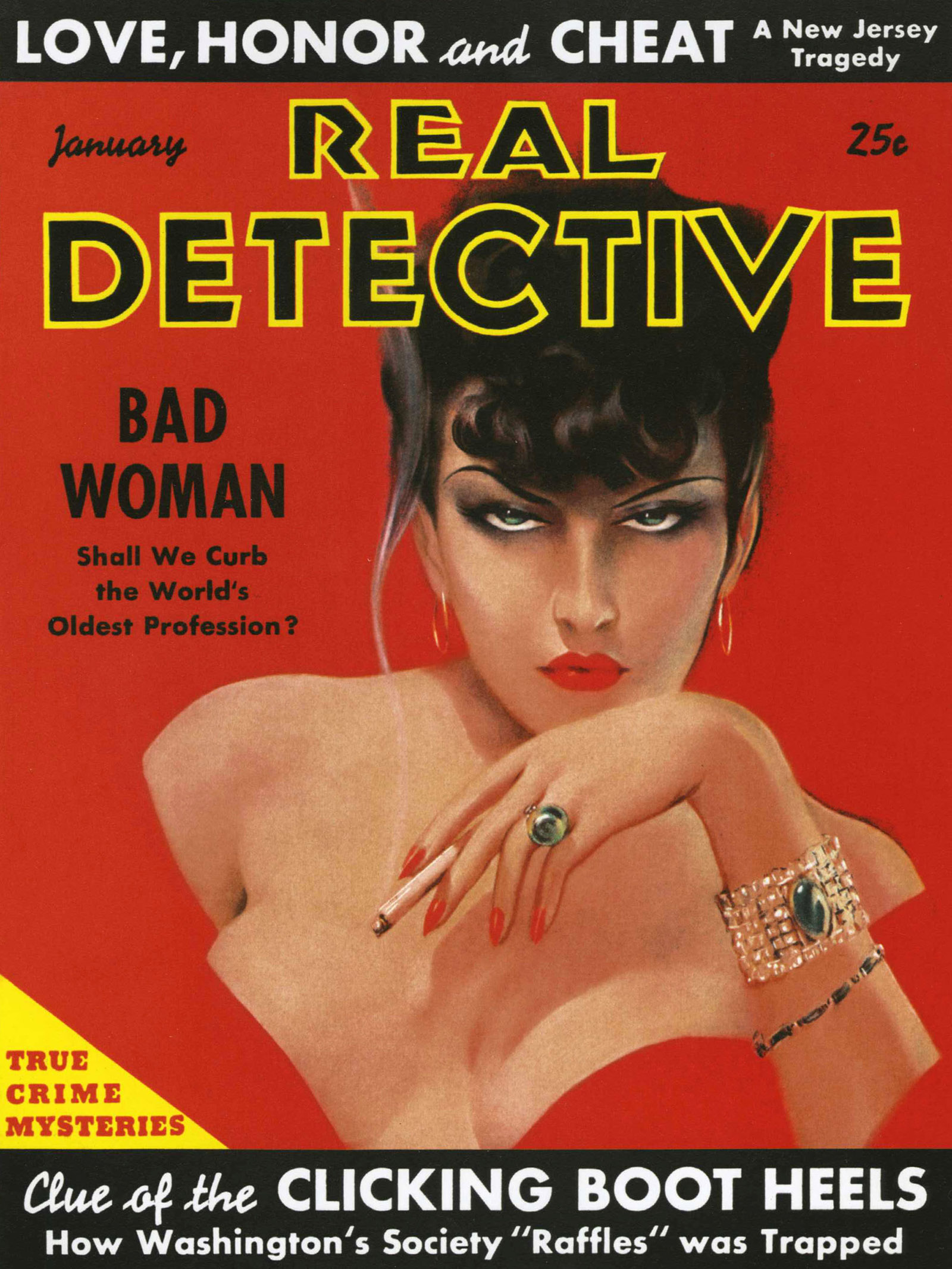The cover of the January 1938 issue of Real Detective magazine