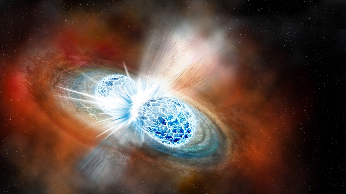 A rendering of the collision between two neutron stars, observed by researchers working with the LIGO and Virgo gravitational wave detectors