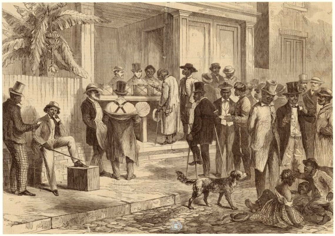 Engraving of freedmen voting in New Orleans, 1867