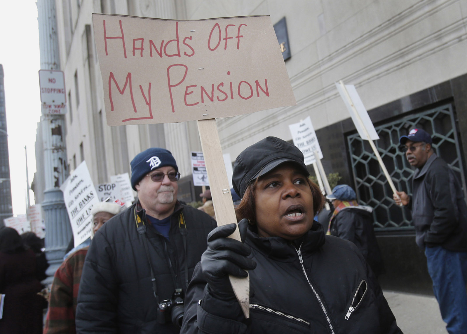 Retired municipal worker Debora Pickett and others at a protest against proposed cuts to the pensions and health benefits of Detroit’s employees