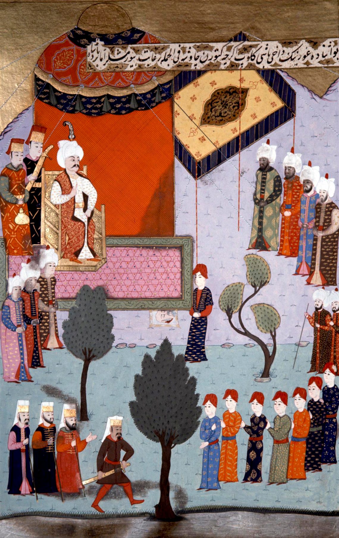 Illustration of Selim I receiving the severed head of the Mamluk sultan Qansuh al-Ghawri; sixteenth-century