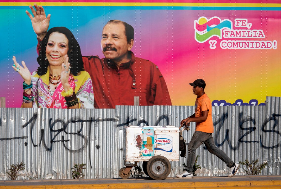 Nicaraguan president Daniel Ortega and his wife, vice-president Rosario Murillo, pictured on the side of a mobile health clinic