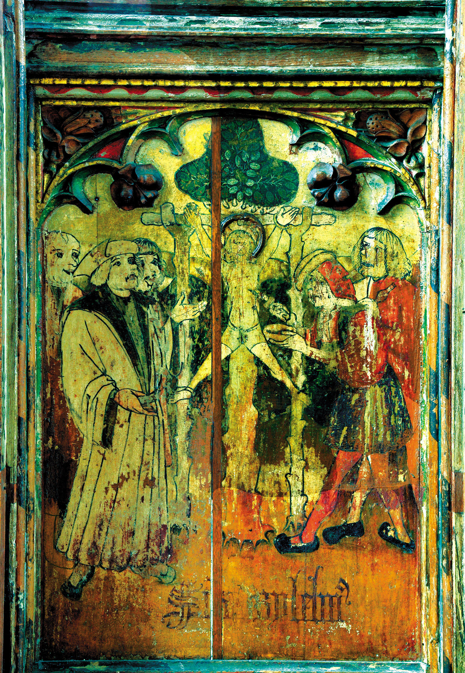 A medieval rood screen depicting Jews torturing and collecting the blood of William of Norwich, Norfolk, England