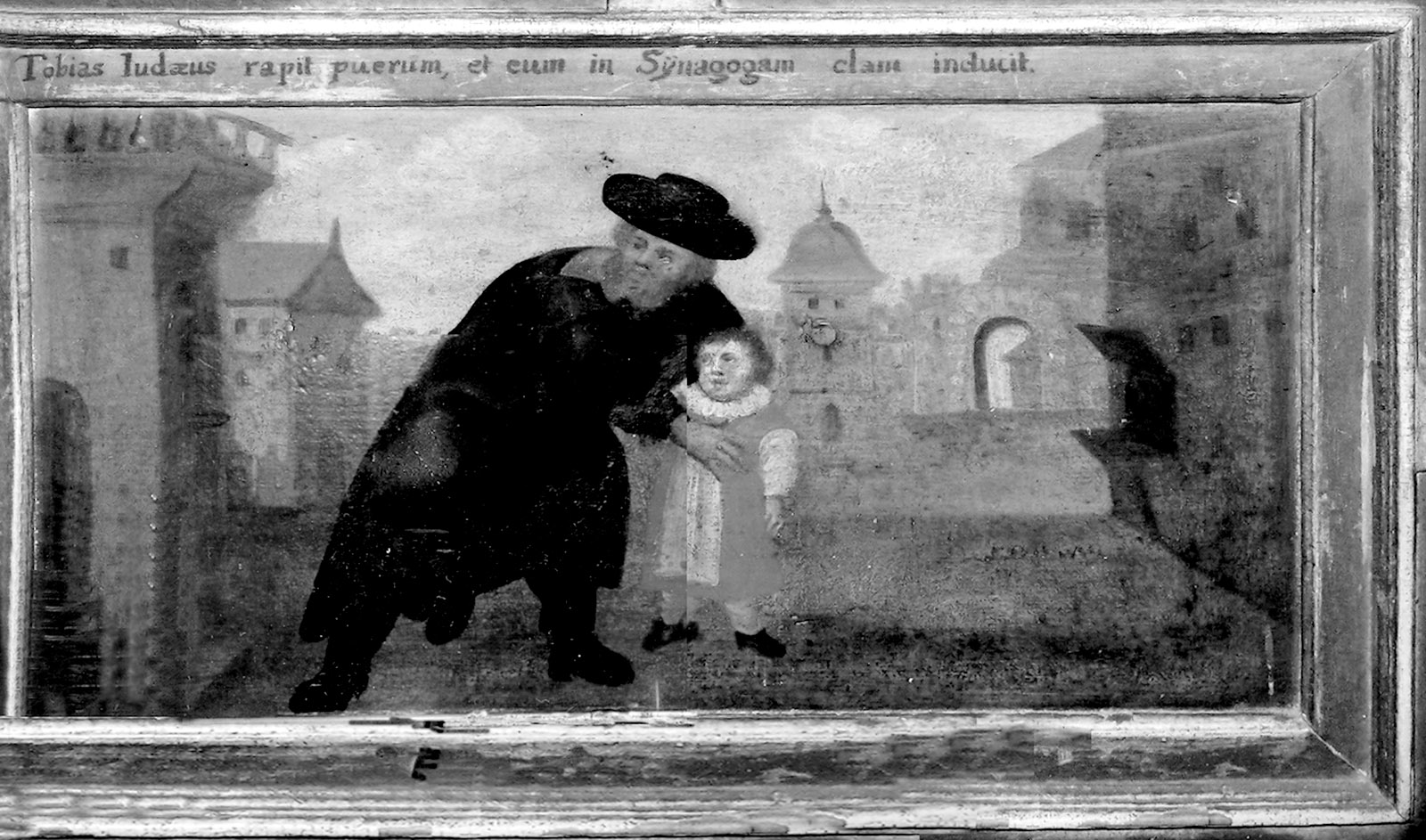‘Tobias the Jew snatches the boy and furtively leads him to the synagogue’; painting from St. Paul’s Church, Sandomierz, Poland