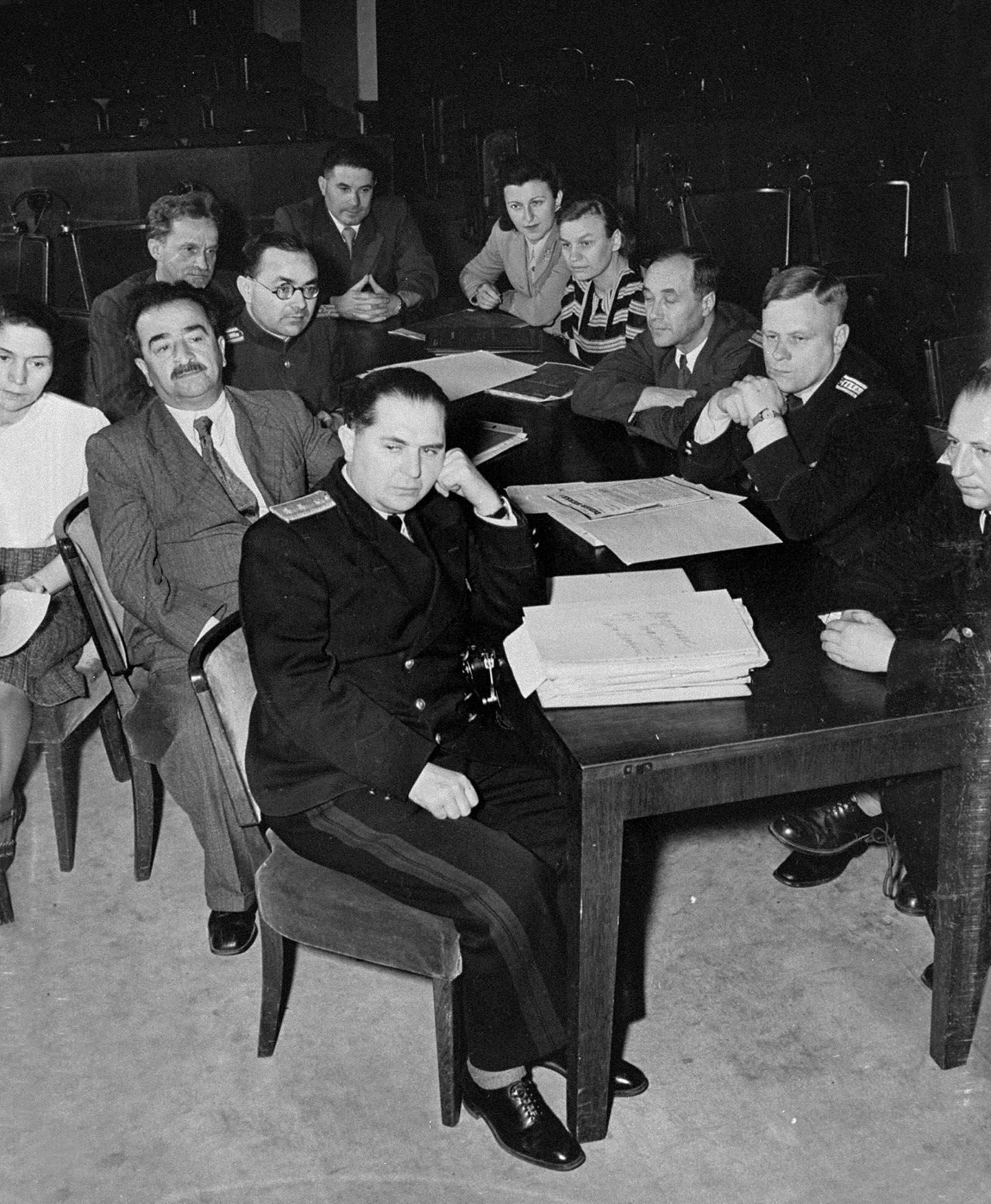 Legal scholar Aron Trainin and chief prosecutor Roman Rudenko with other members of the Soviet prosecution team at the Nuremberg Trial
