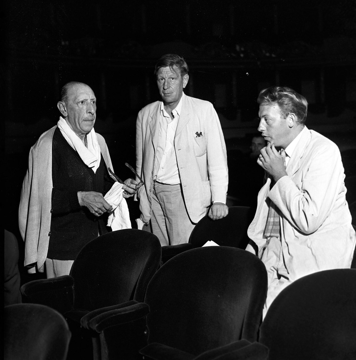 Igor Stravinsky, W.H. Auden, and Chester Kallman at a rehearsal of The Rake’s Progress, Milan, August 1951