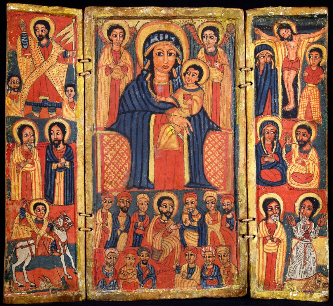 A triptych depicting Jesus, the Apostles, and Saint George and the dragon; Mary with Jesus and the Last Supper; and crucified Jesus and the Apostles, Ethiopia